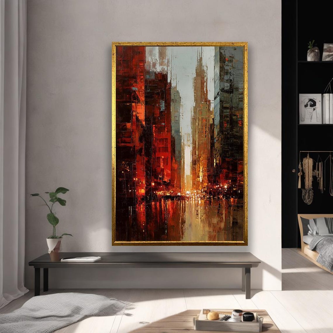 Abstract Urban Landscape Cityscape In Red And Gold Modern Wall Art