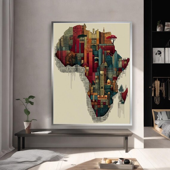 Modern Africa Map Wall Art Geometric Architectural Canvas In Ethnic Style