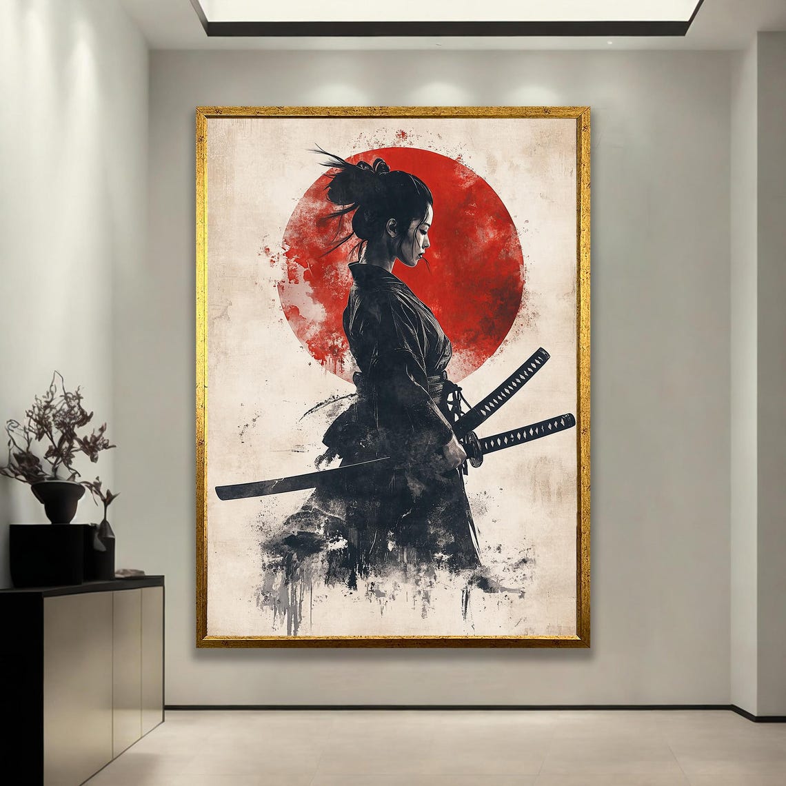 Female Samurai Warrior Katana Red Sun Japanese Ink Art Poster