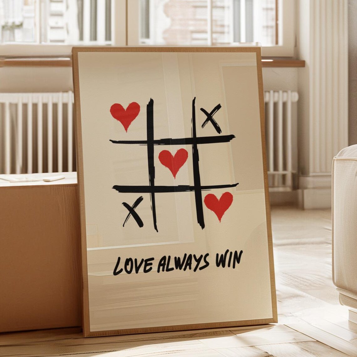 Love Always Win Hearts Tic Tac Toe Hand Drawn Romance Poster