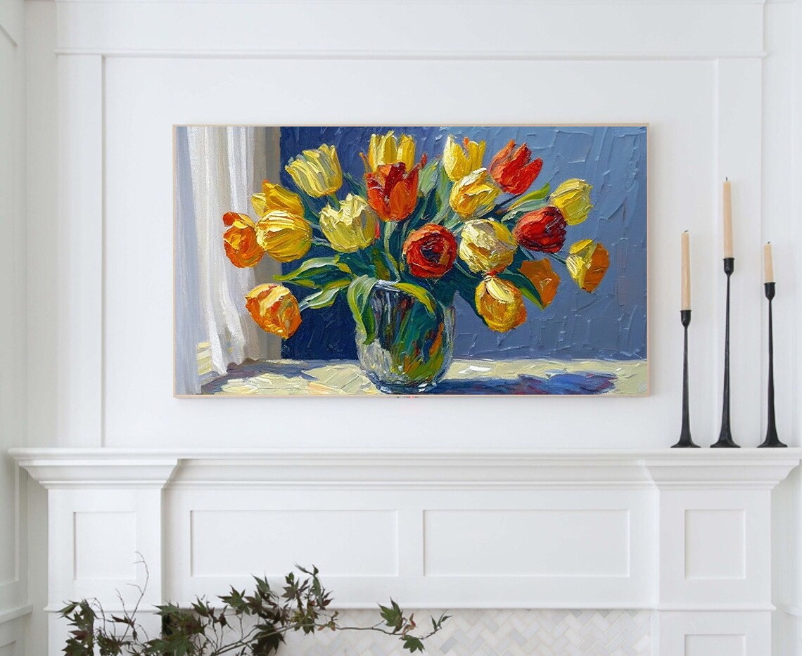 Impressionist Tulip Bouquet In Glass Vase Yellow Orange Blue Wall Poster - Image 5