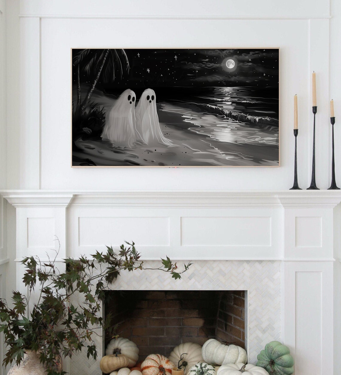 Two Ghosts On Moonlit Beach Black And White Haunted Coastal Poster - Image 2