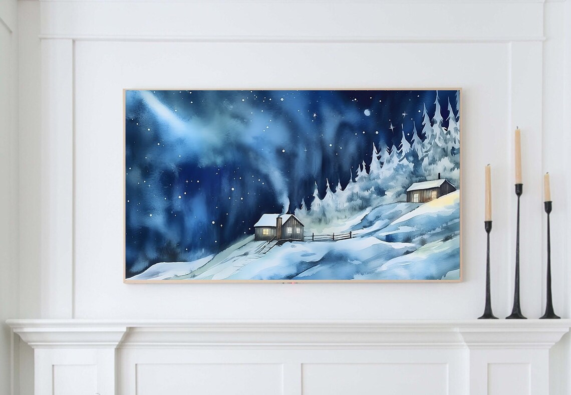 Snowy Cabin Night Sky Aurora Watercolor Art Print - Image 3
