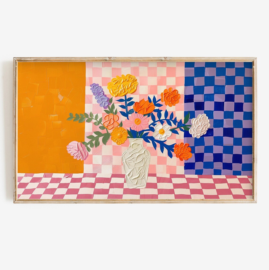 Colorful Checkered Floral Still Life Art Print