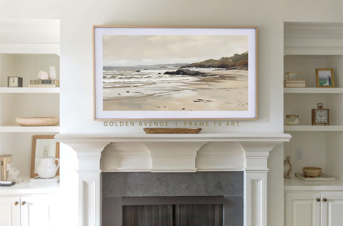 Neutral Toned Beach Seascape Rocky Shoreline Calm Ocean Wave Poster - Image 2