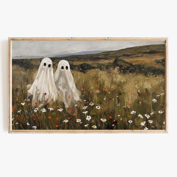 Two White Ghosts In Wildflower Meadow Vintage Halloween Scene Poster