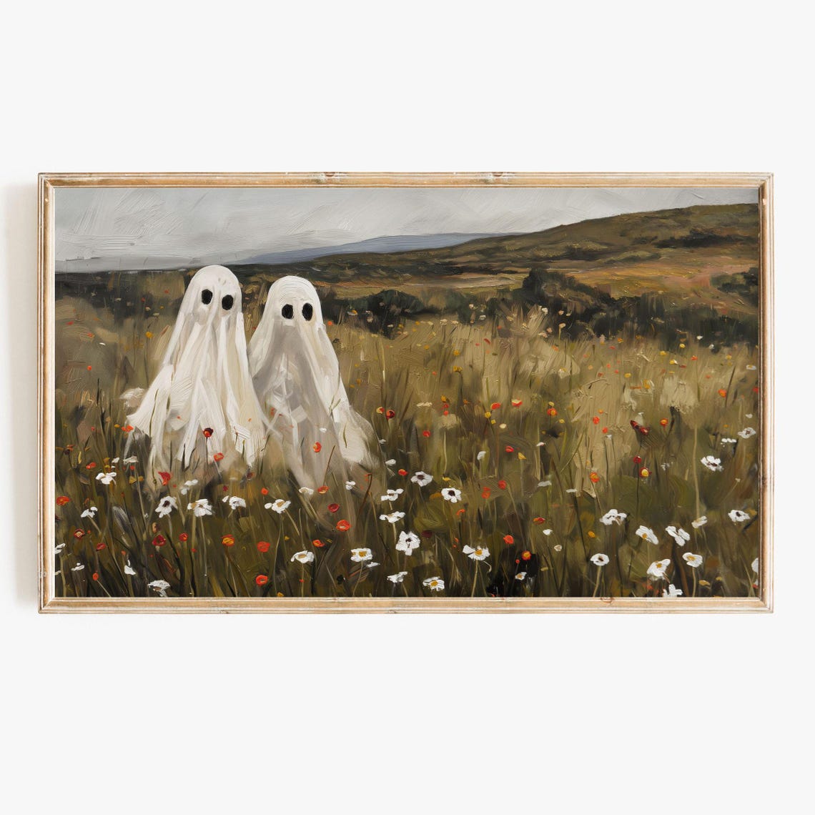 Two White Ghosts In Wildflower Meadow Vintage Halloween Scene Poster