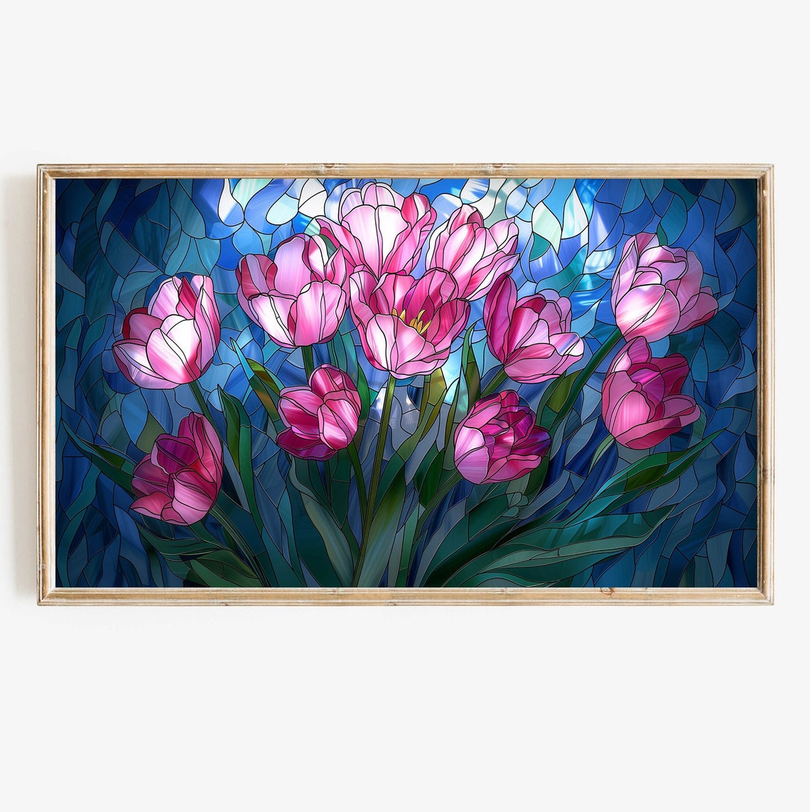 Pink Tulip Stained Glass Spring Blooms Blue Mosaic Glass Panel Poster