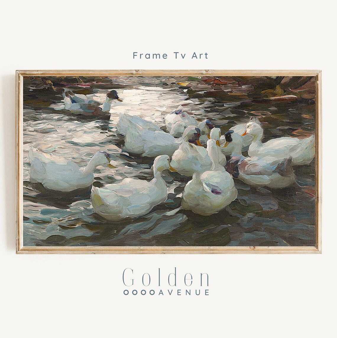 White Ducks On Shimmering Pond Vintage Oil Painting Moody Poster