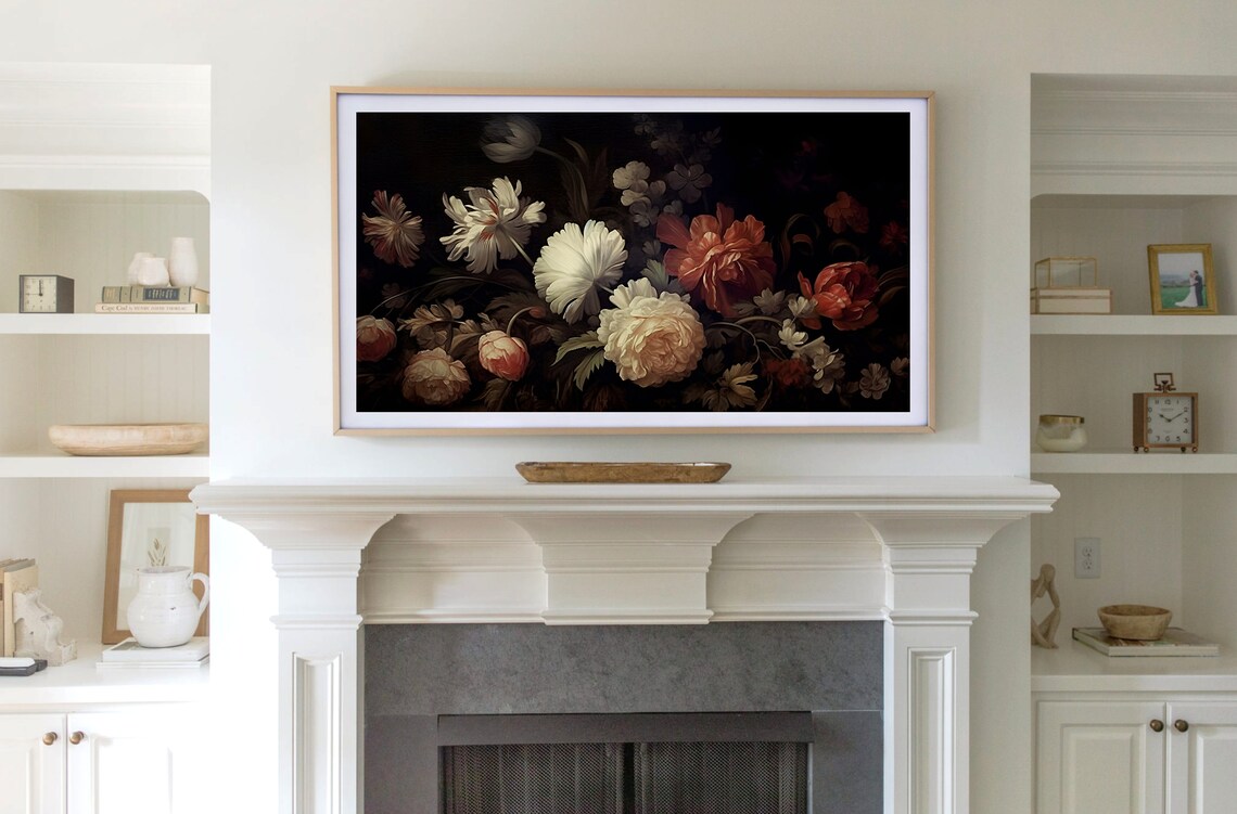 Dark Moody Floral Still Life White Roses Black Background Art Poster - Image 2