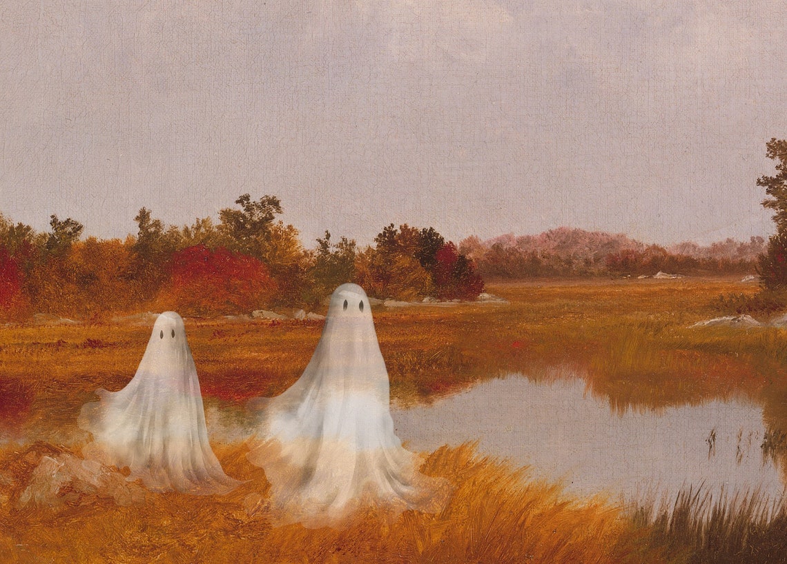 Two Ghosts Autumn Marsh Lake Vintage Spooky Fall Landscape Poster - Image 3