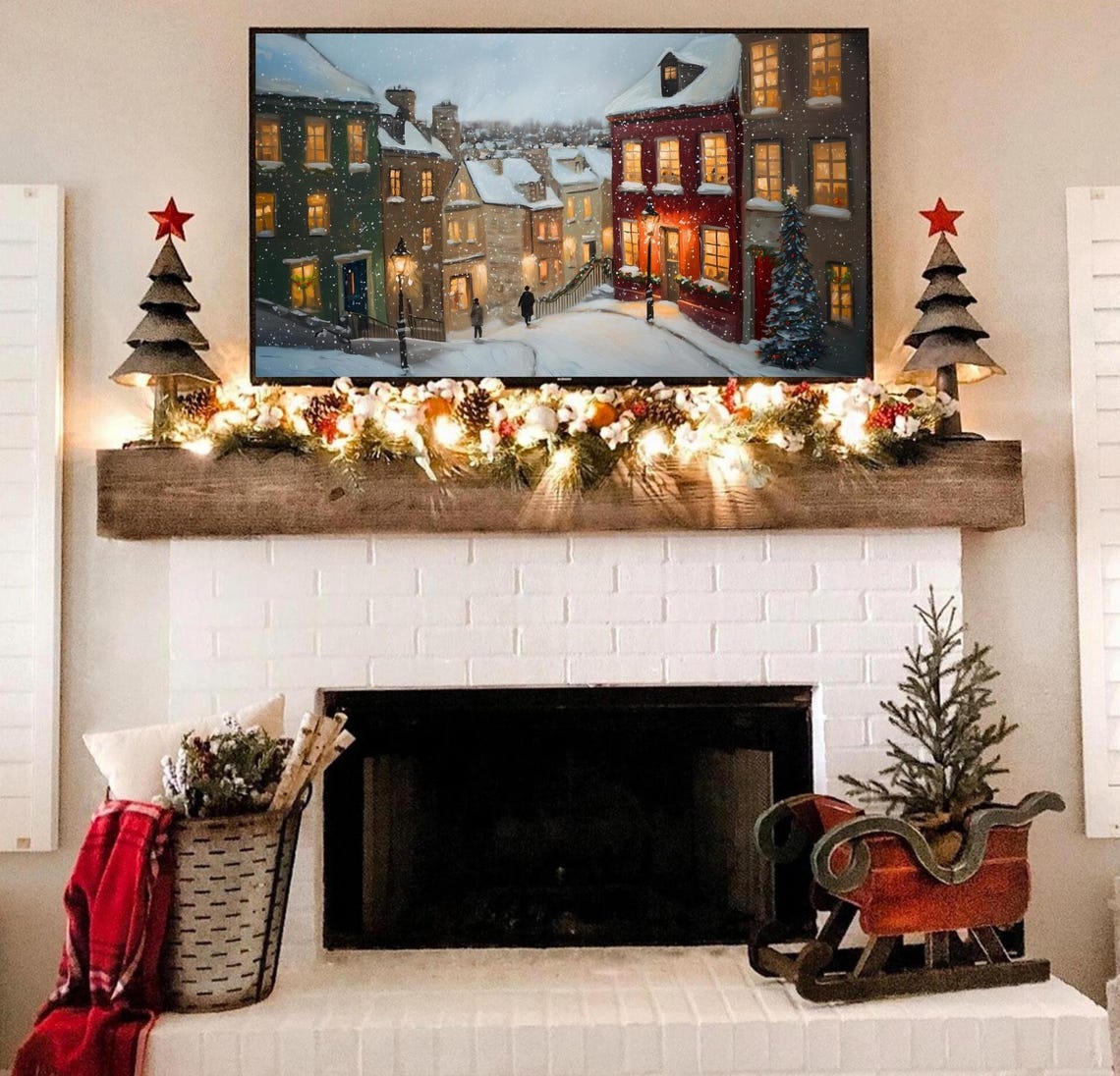 Snowy Village Street Dusk Glowing Windows Christmas Tree Scene Poster - Image 2