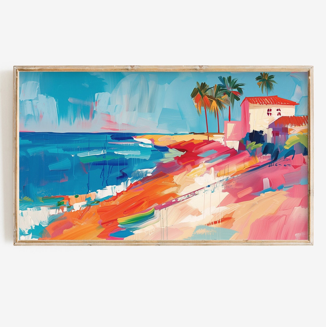 Tropical Beach House Palm Trees Colorful Textured Seascape Poster