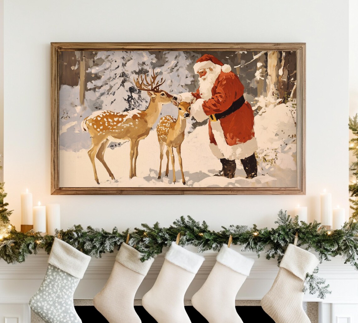 Vintage Santa Claus Feeding Deer Snowy Forest Christmas Scene Poster - Image 3