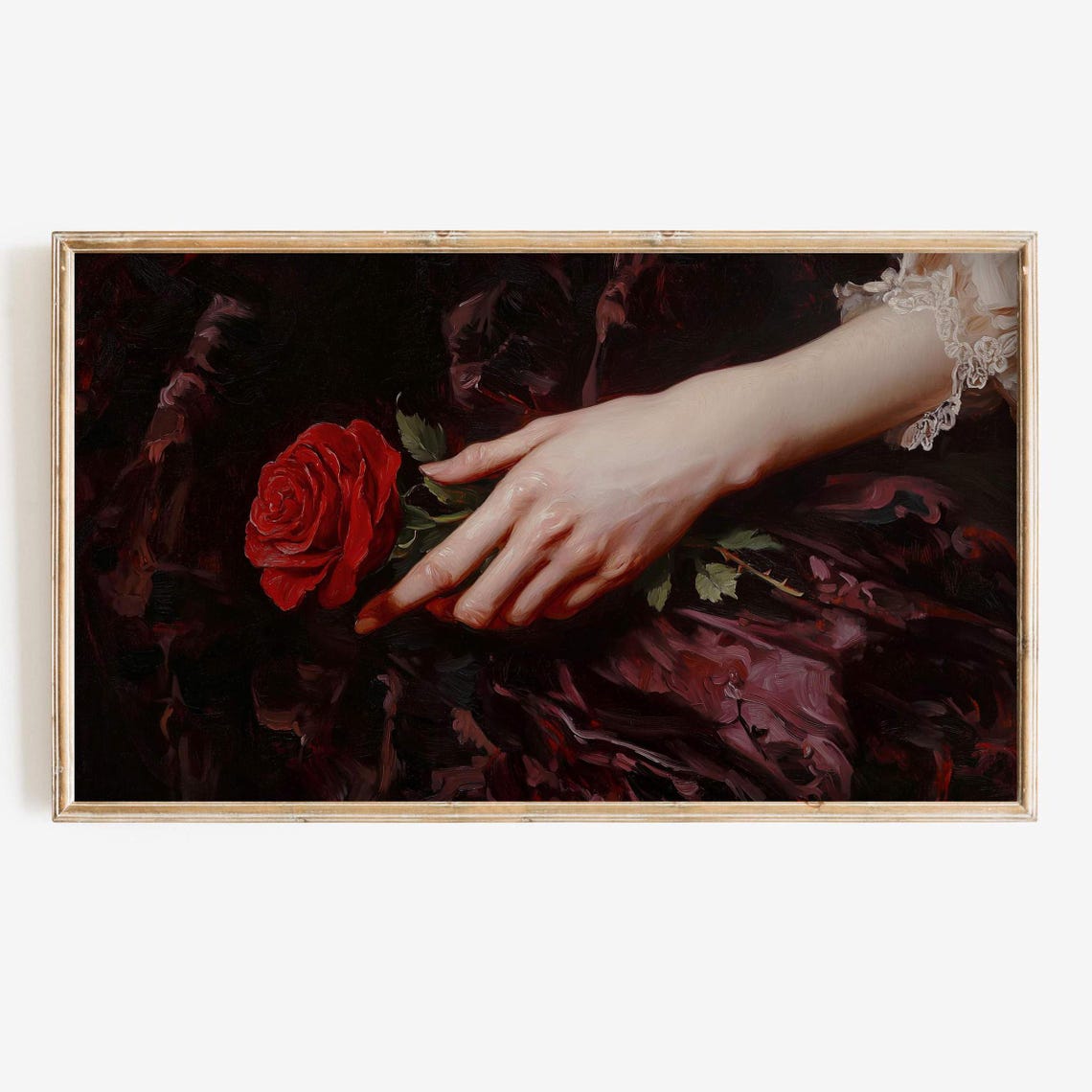 Hand Holding Red Rose On Dark Ground Moody Vintage Rose Art Poster