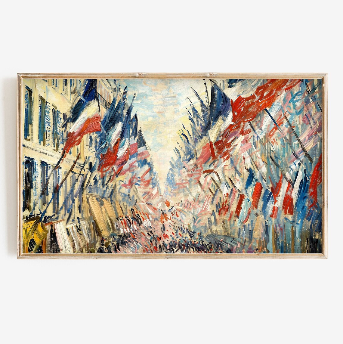 Paris Street With French Flags Impressionist Crowd Celebration Poster