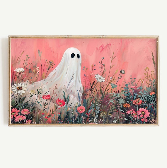 Halloween Frame Tv Art Cute Ghost Wildflower Painting Spooky Pink Floral Tv Screensaver Cottagecore Boho Tv Art