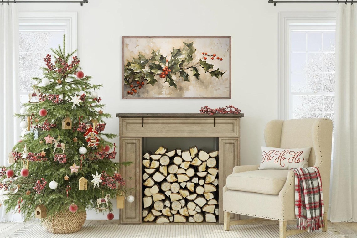 Vintage Holly Branch Red Berries Botanical Christmas Painting Poster - Image 3
