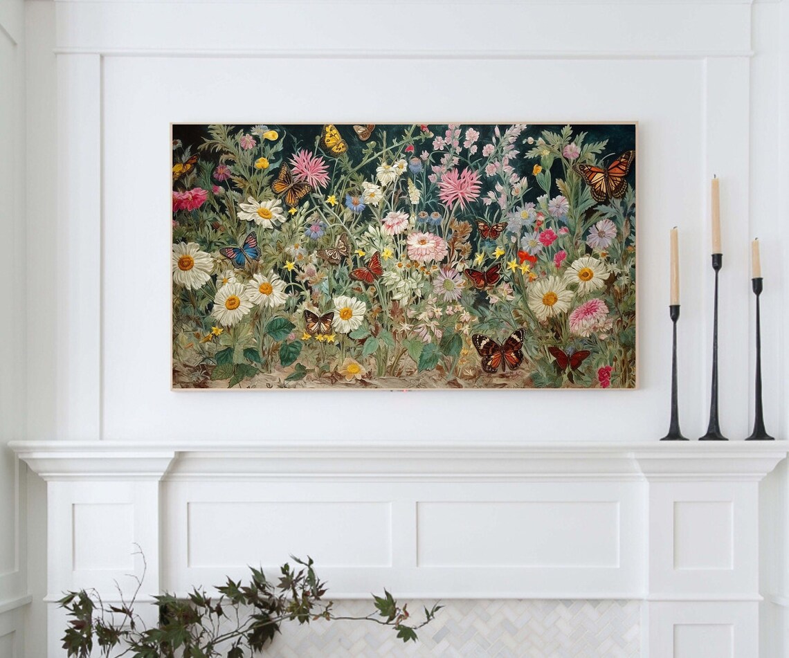 Wildflowers and Butterfly Garden, Dark Botanical Art Print - Image 4
