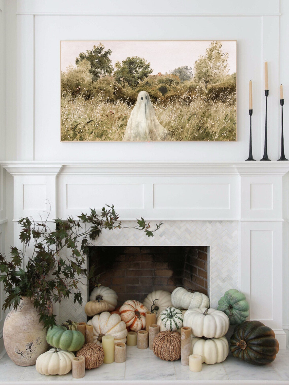 Sheet Ghost Wildflower Meadow Neutral Toned Spooky Fall Poster - Image 3