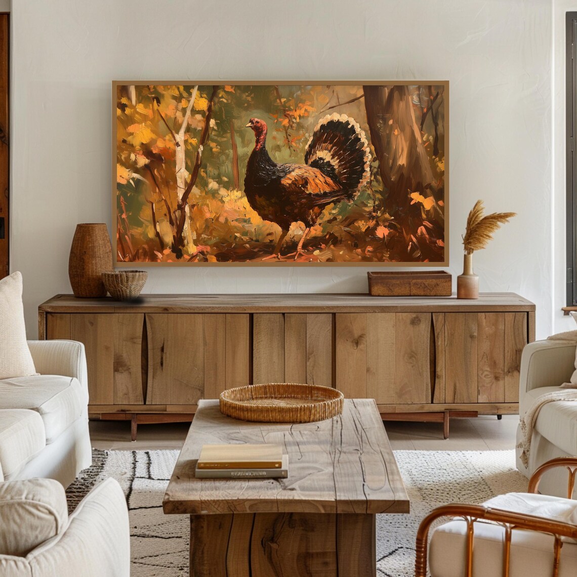 Turkey Fanned Tail Autumn Forest Textured Oil Painting Fall Poster - Image 2