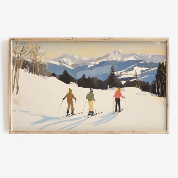 Winter Ski Painting, Colorful Christmas Wall Art Print