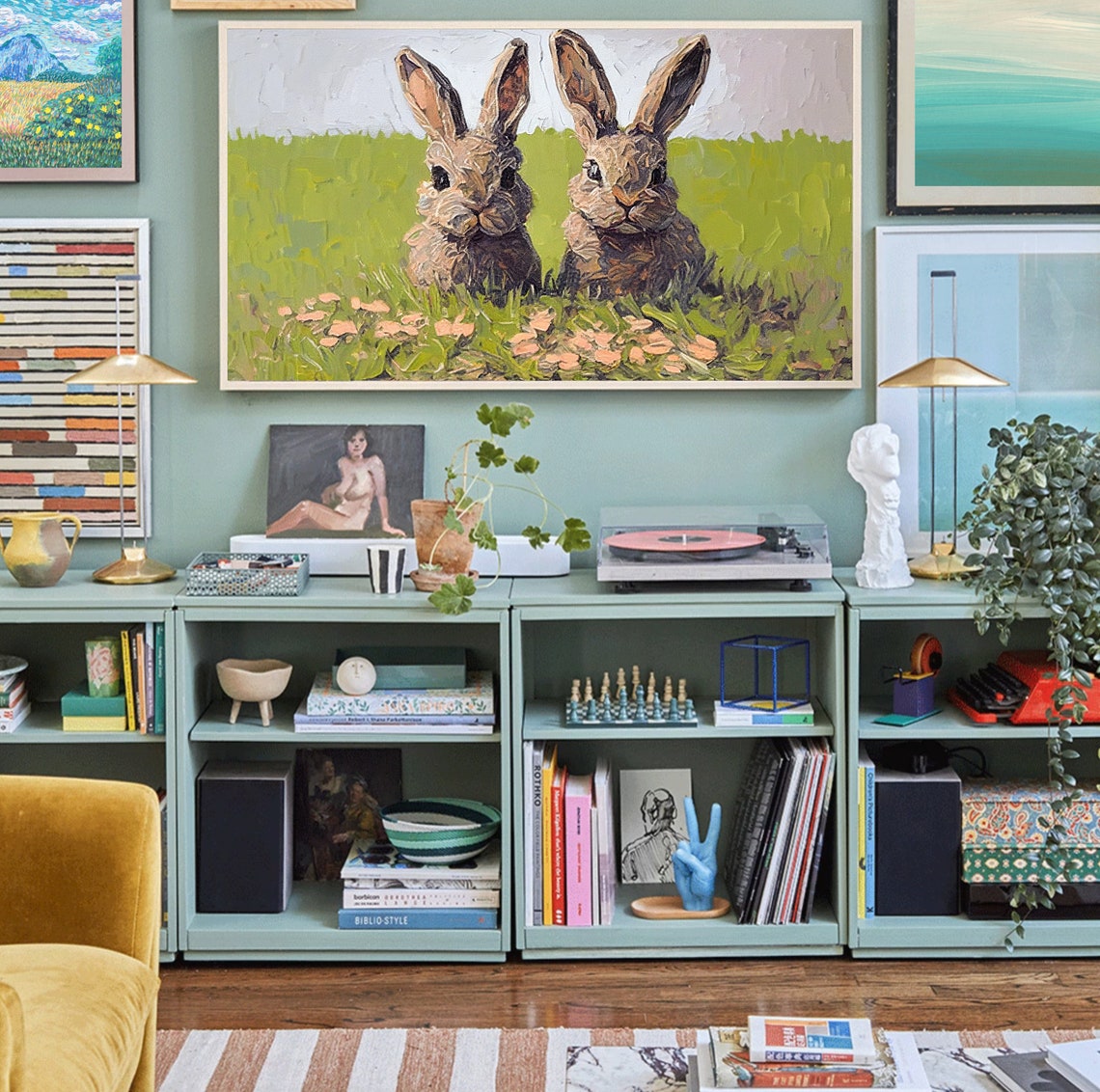 Two Bunnies In Spring Grass Textured Rustic Rabbit Painting Poster - Image 4