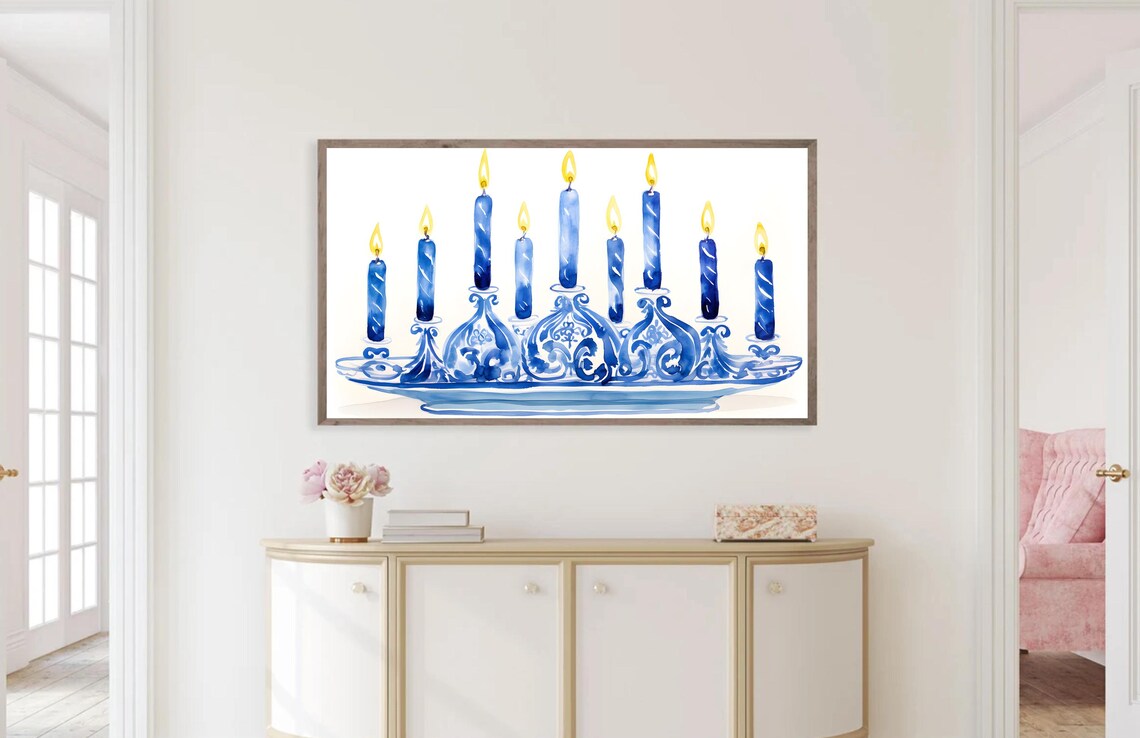 Hanukkah Blue Menorah Watercolor Art Print - Image 3