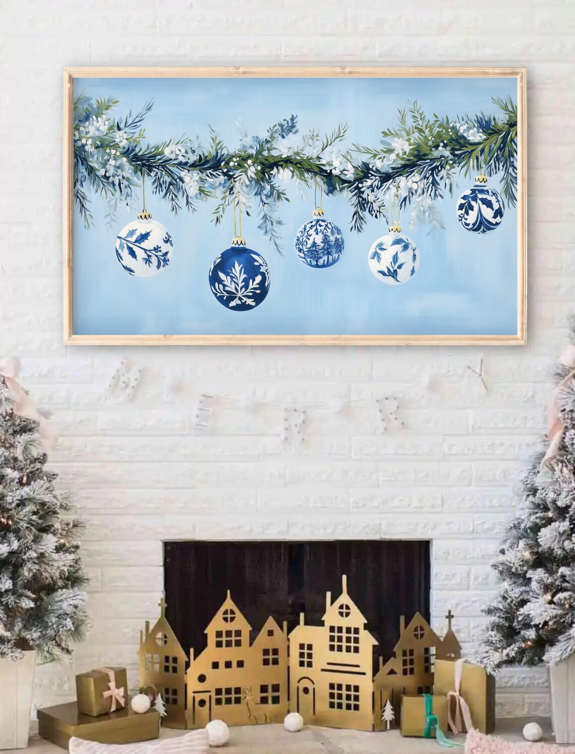 Blue Chinoiserie Christmas Ornaments Garland Art Print - Image 2