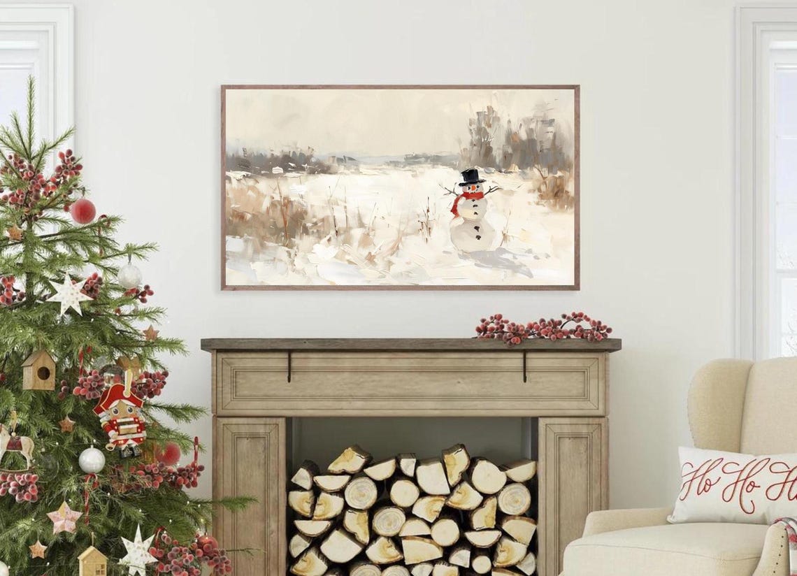 Minimalist Snowman Neutral Beige Winter Field Vintage Style Poster - Image 3