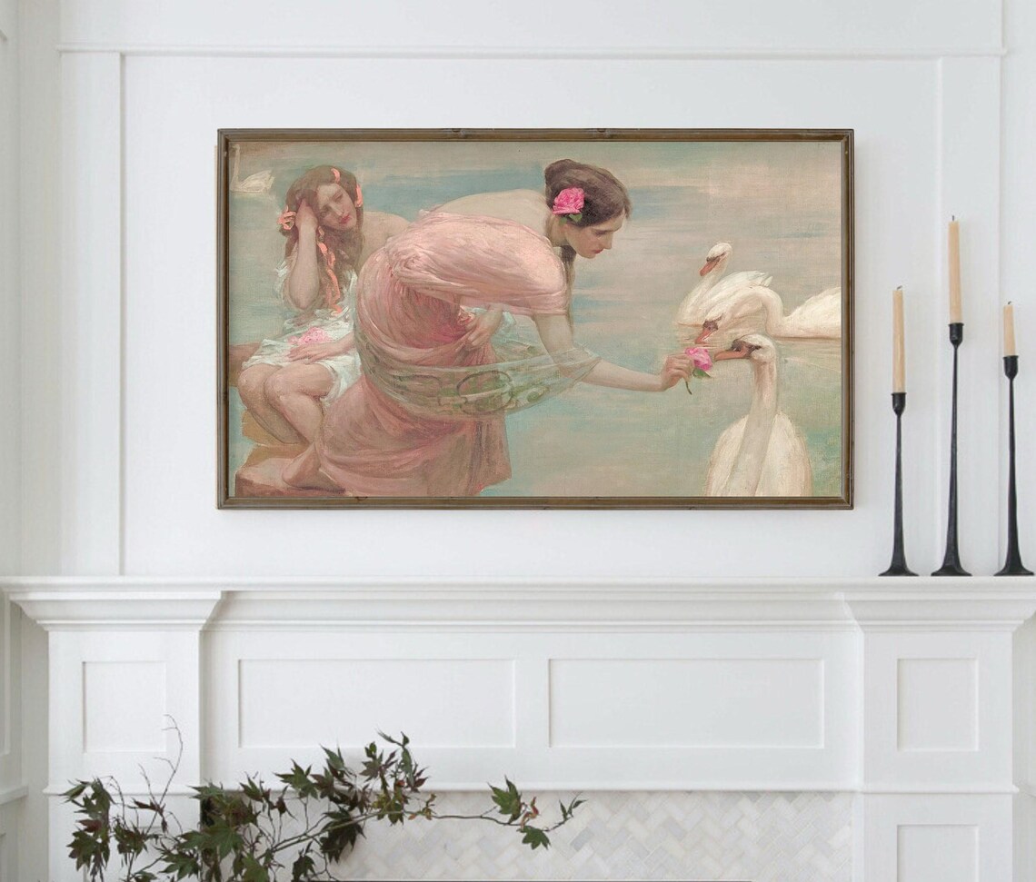 Vintage Women With Swans Feeding Rose Whimsical Swan Painting Poster - Image 7