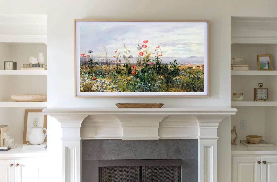 Vintage Poppy Wildflower Landscape Over Lake Antique Spring Art Poster - Image 3