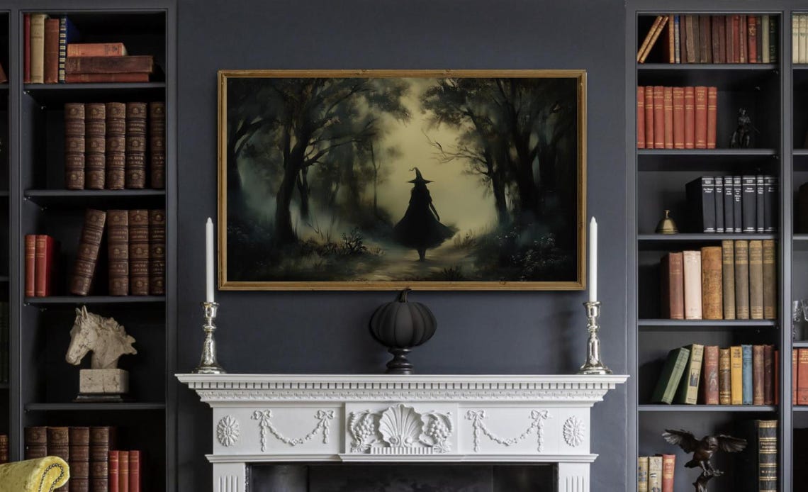 Witch Silhouette Misty Dark Forest Moody Halloween Night Poster - Image 2
