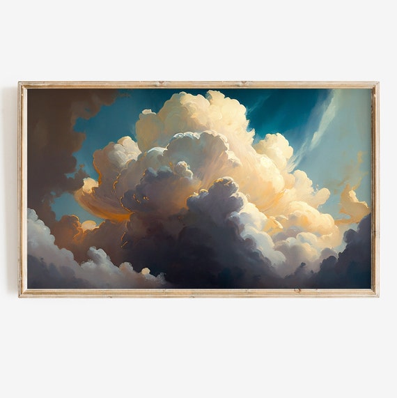 Cloud Frame Tv Art Vintage Sky Painting Blue Neutral Colors For Tv