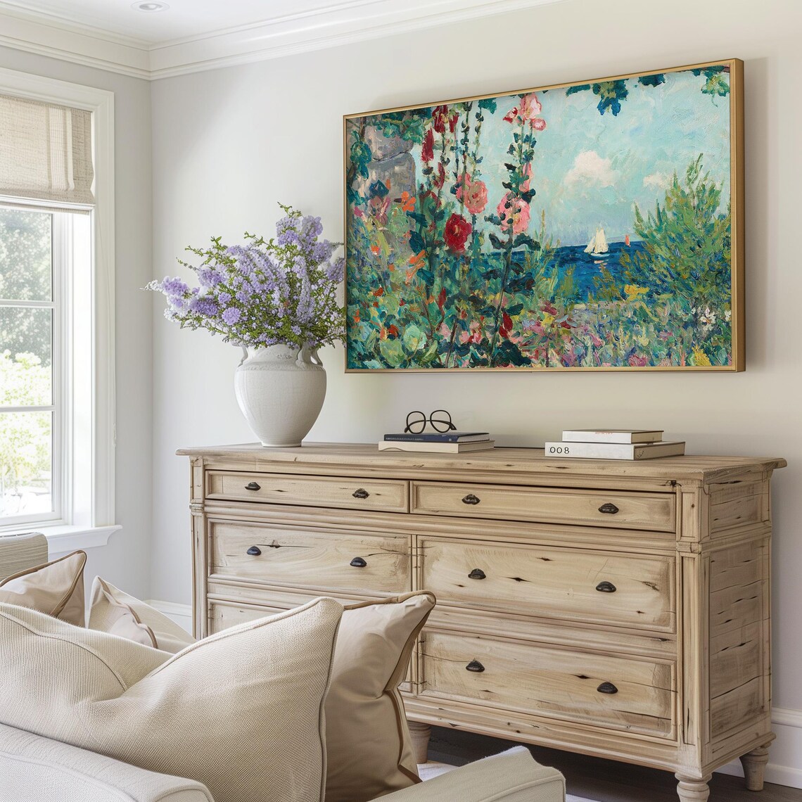 Wildflower Garden Overlooking Blue Sea Sailboats Coastal Summer Poster - Image 4