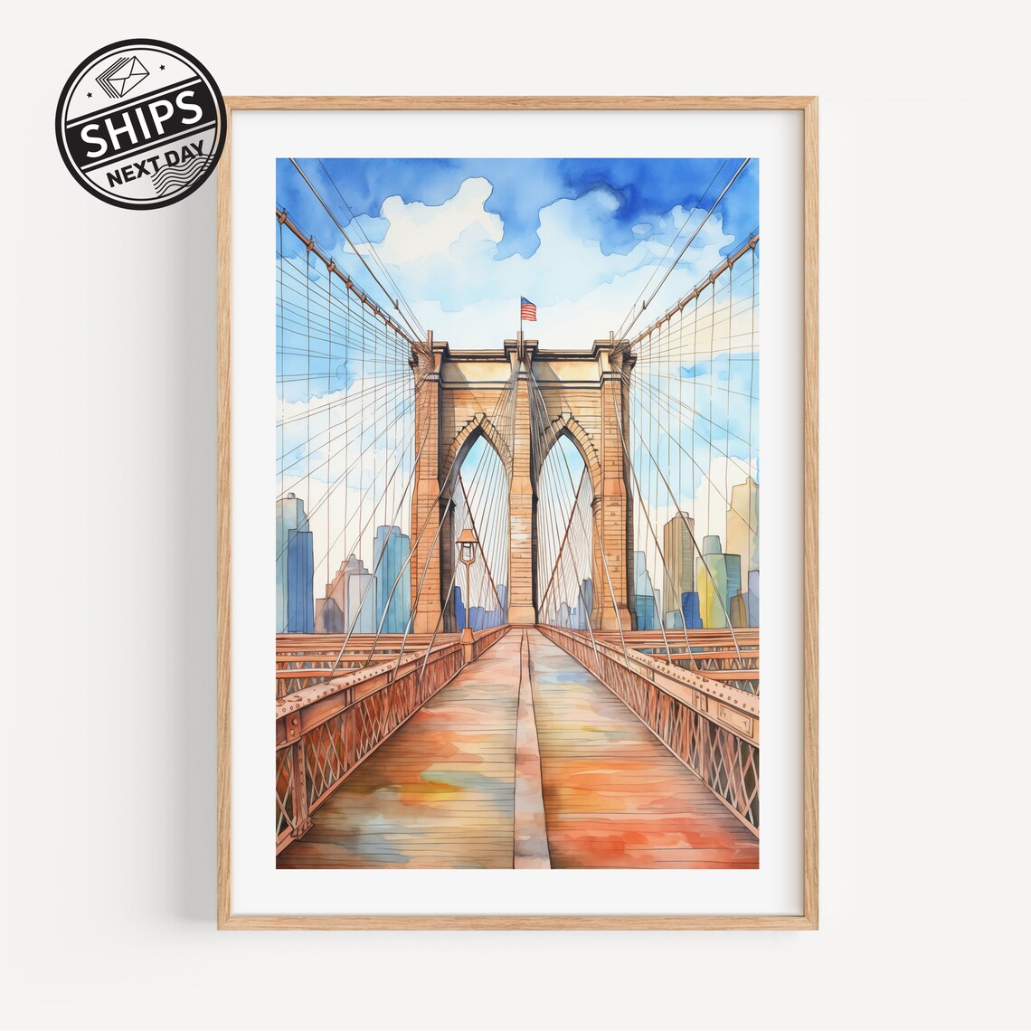 New York Watercolor Brooklyn Bridge Travel Poster