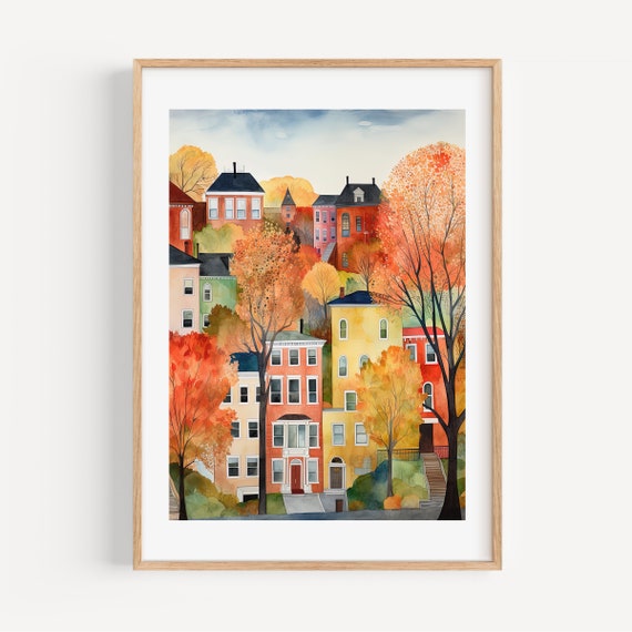 Boston Beacon Hill Watercolor Art Print, Travel Poster