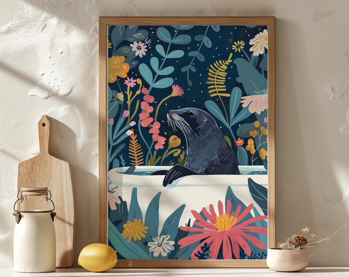 Curious Seal in Bathtub Midnight Botanical Floral Art Poster