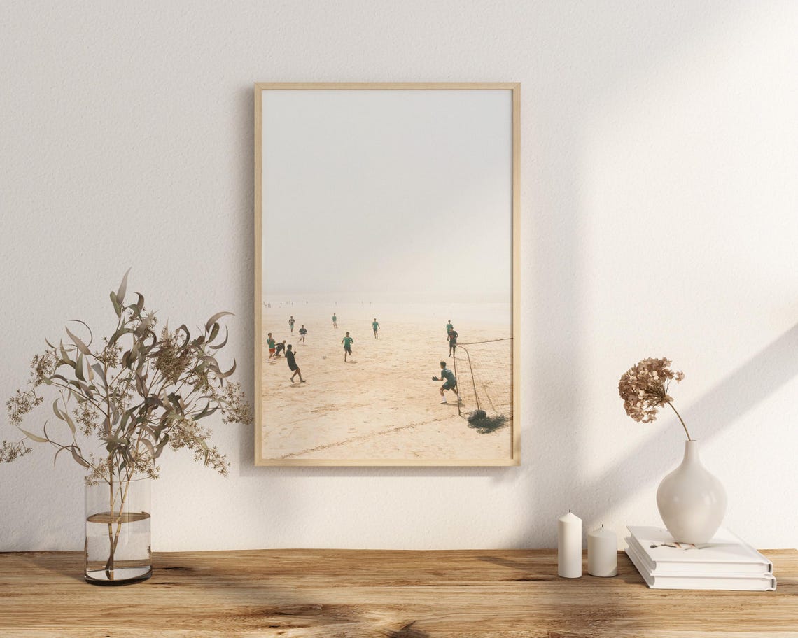 Kids Playing Beach Soccer Minimalist Coastal Photography Poster