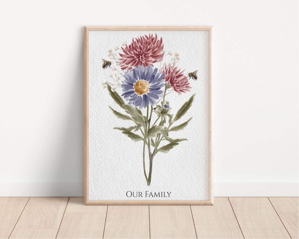 Family Birth Flower Bouquet Watercolor Art Print - Image 4