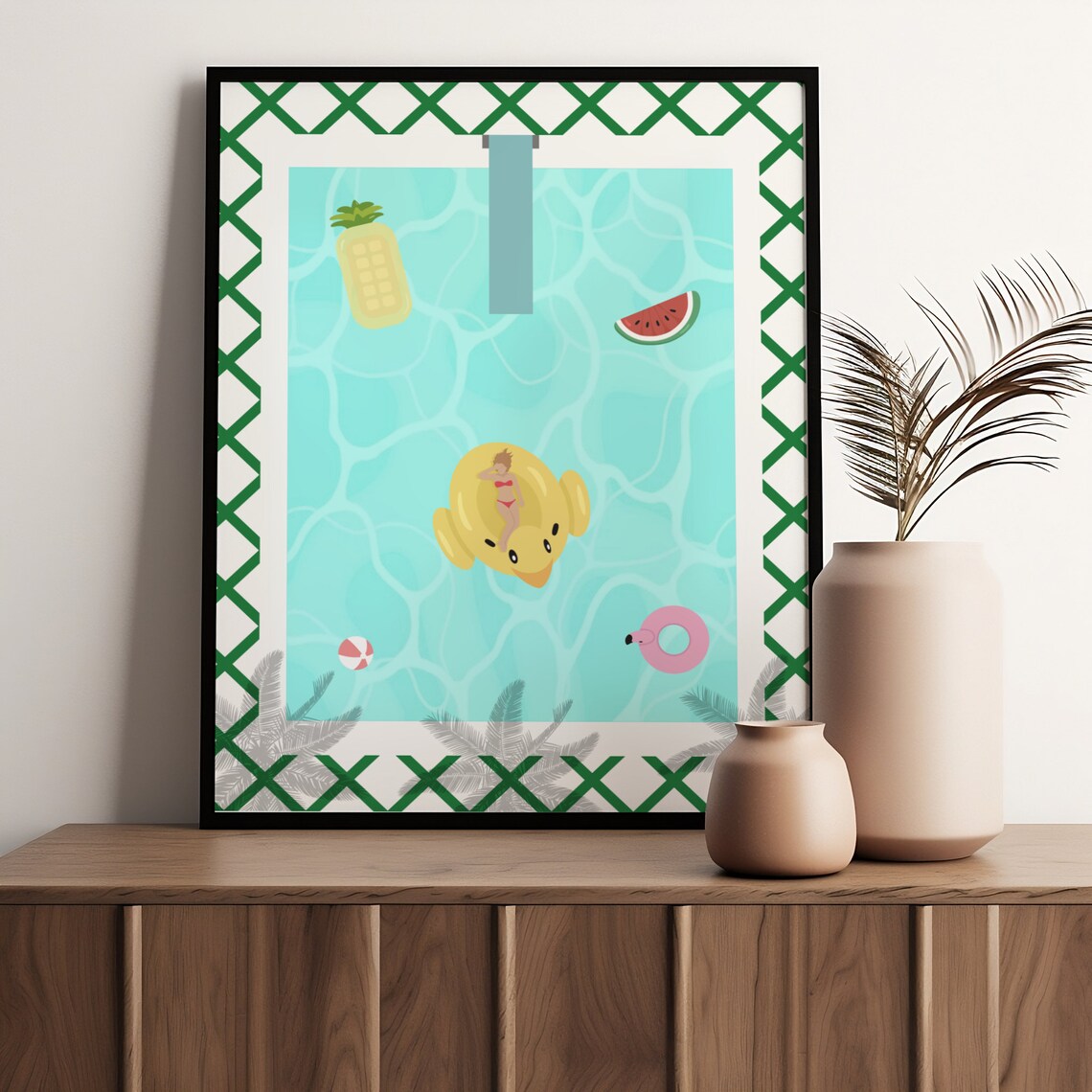 People At Pool Print Cute Retro Swimming Pool Summer Poster Tiny People Swimming Pool House Decor Art - Image 4