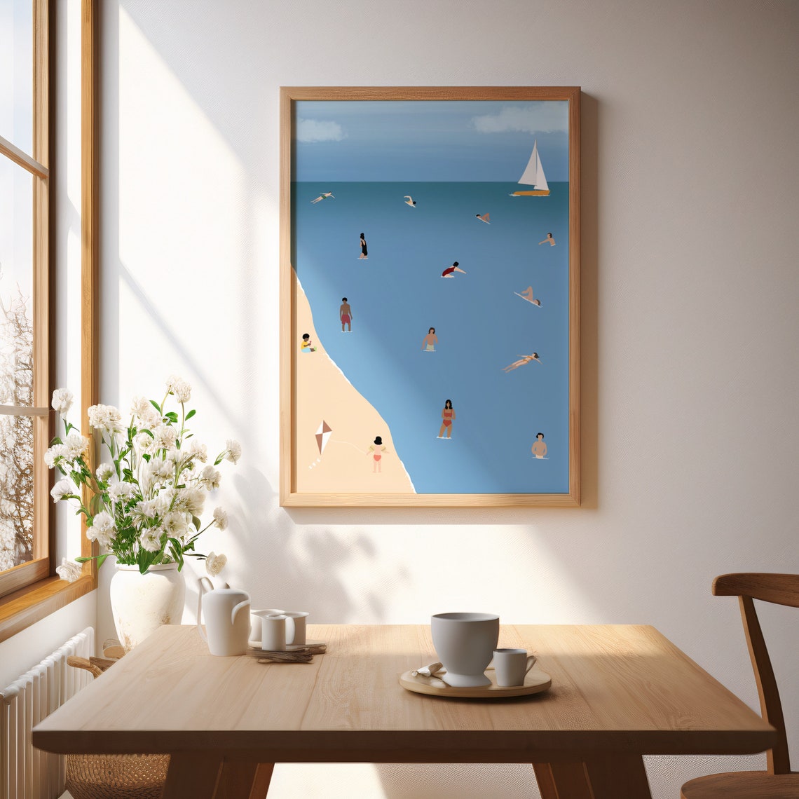 Tiny Swimmers Beach Day Minimalist Ocean Scene Sailboat Kite Poster - Image 4