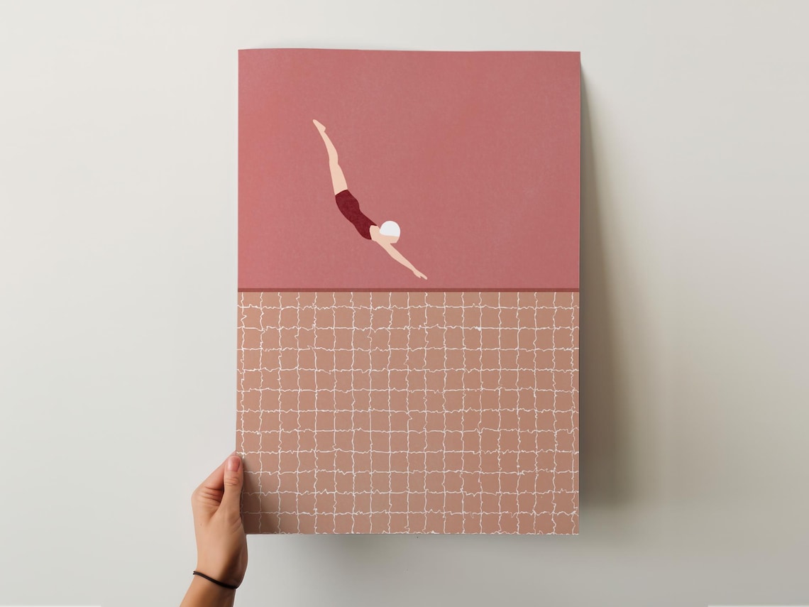 Retro Swimmer Diving Print, Vintage Pink Pool Art