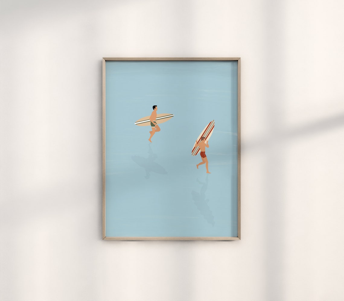 Surfers Wading Blue Water Boards Minimalist Calm Ocean Art Poster