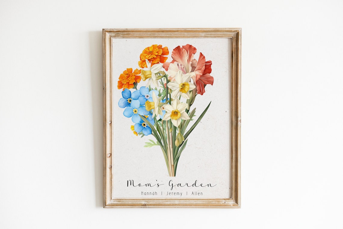 Moms Garden Birth Month Flower Bouquet Personalized Family Poster