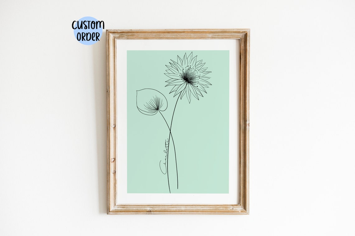 Charlotte Personalized Dandelion Line Art Mint Green Minimalist Poster