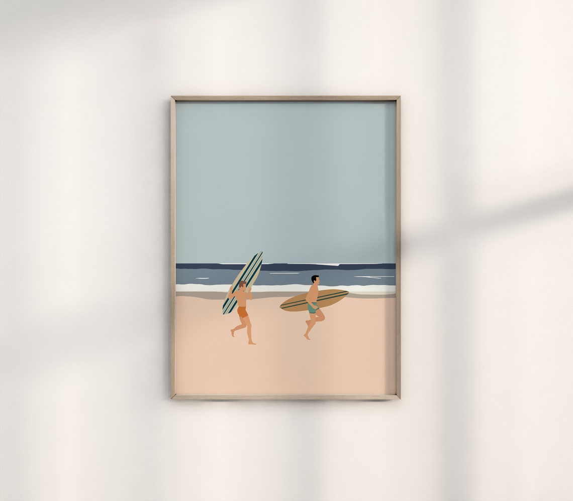 Two Surfers Running Beach Boards Minimalist Summer Ocean Poster