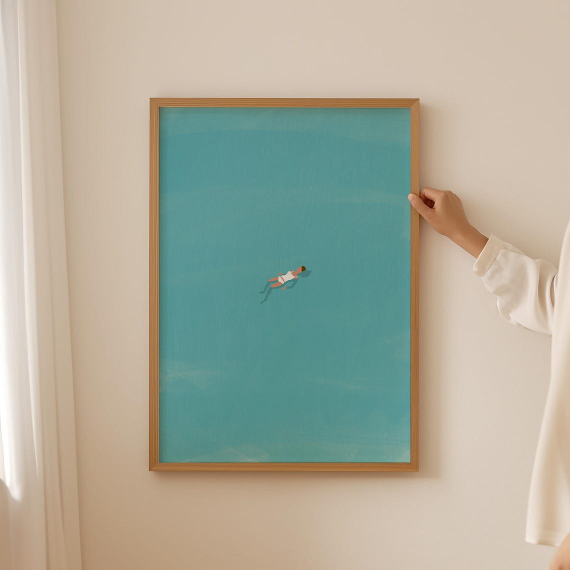 Tiny Swimmer Vast Turquoise Ocean Minimalist Open Water Art Poster