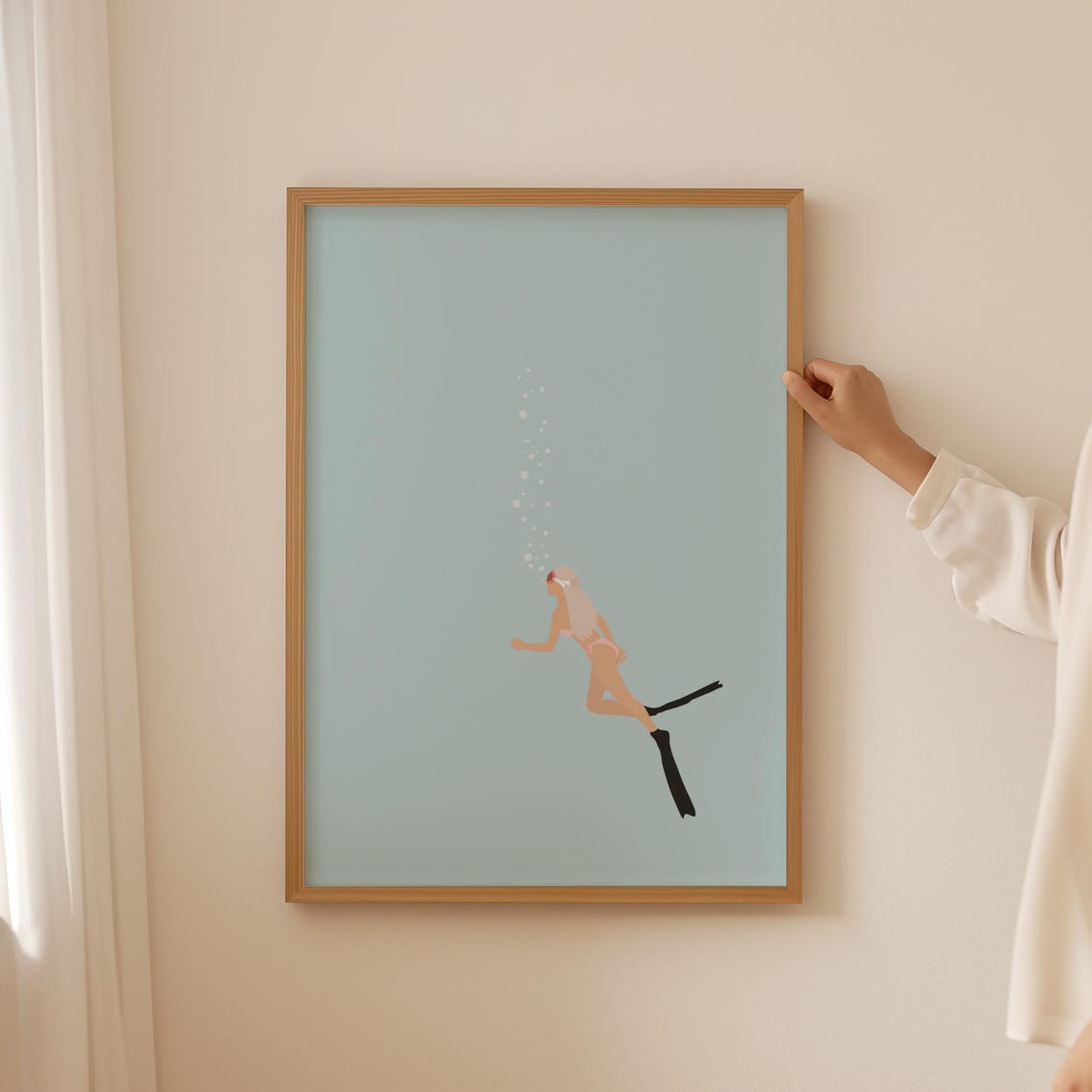 Woman Freediving Deep Blue Water Minimalist Ocean Swimmer Art Poster