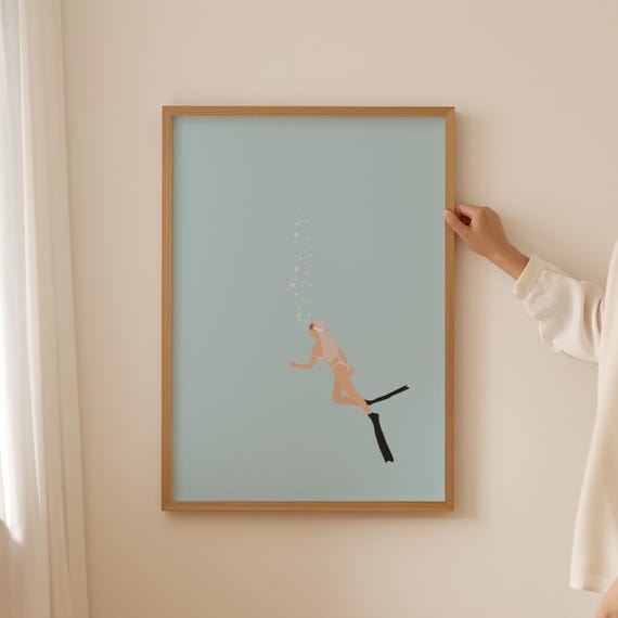 Woman Freediving Deep Blue Water Minimalist Ocean Swimmer Art Poster